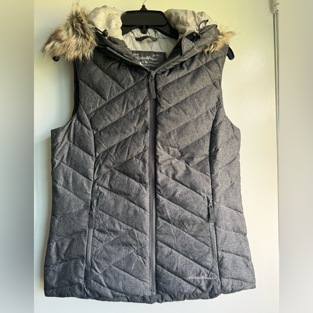 Eddie Bauer hooded vest with fake fur removable lining for hood.